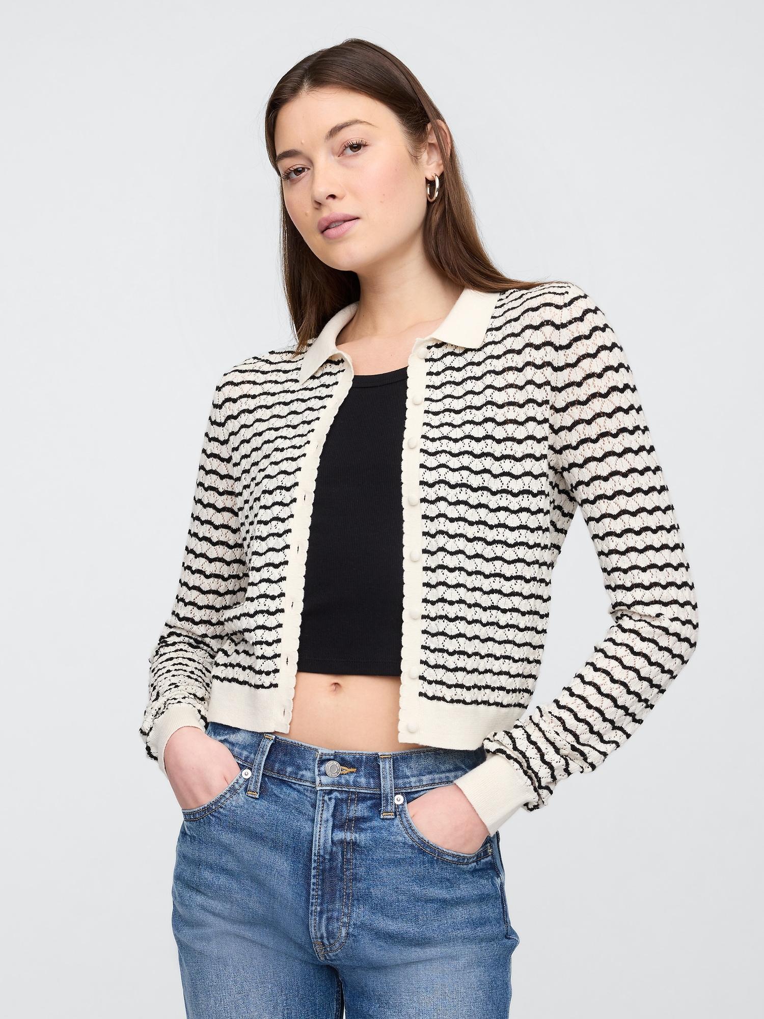 open-stitch collared cardigan