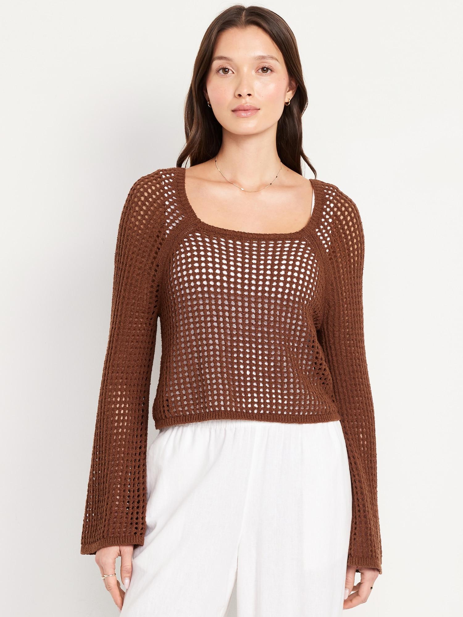 open-stitch cropped bouclé sweater