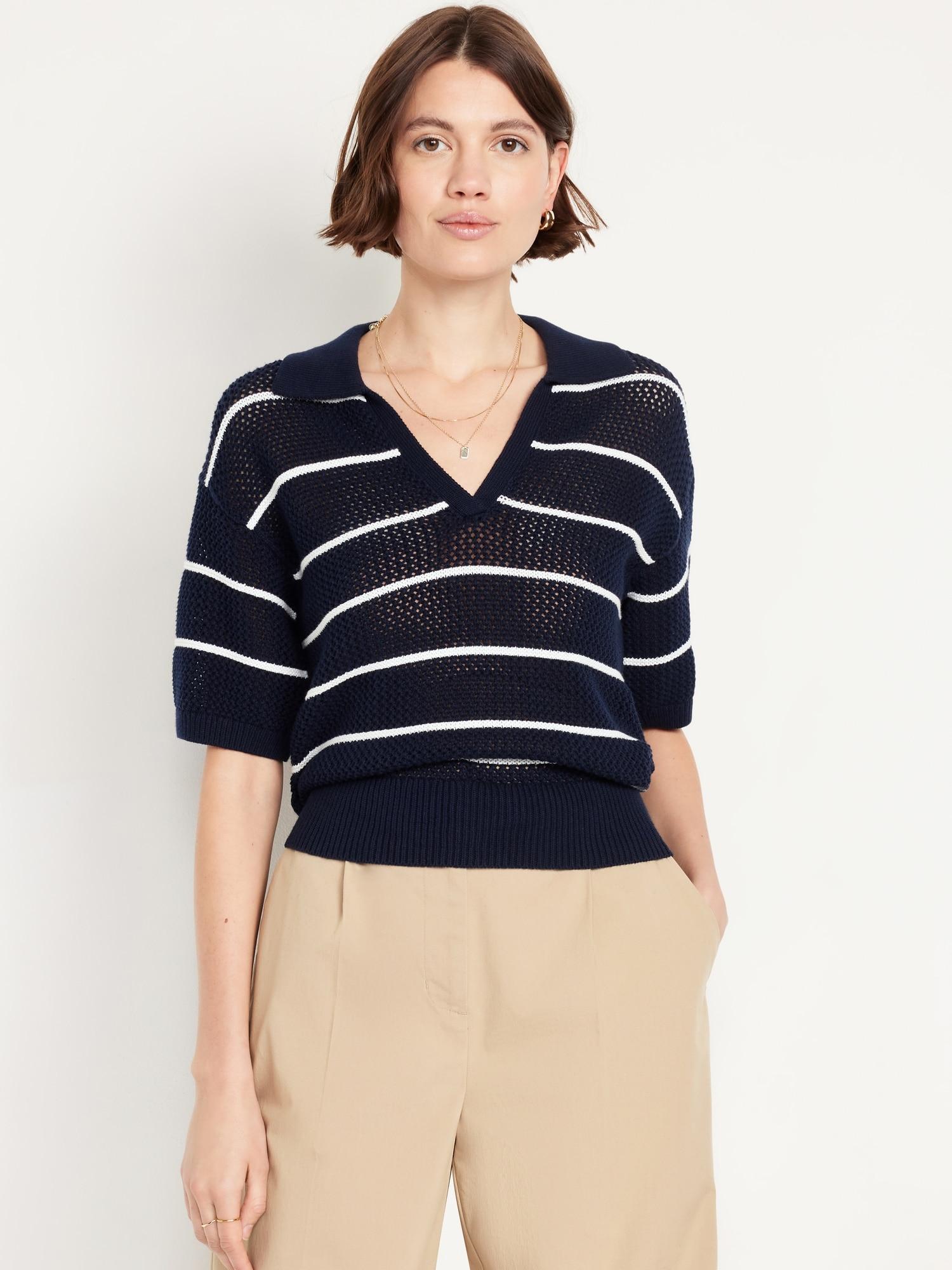 open-stitch polo sweater