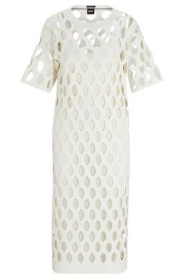 open-structured dress with inner slip and short sleeves- white women's knitted dresses