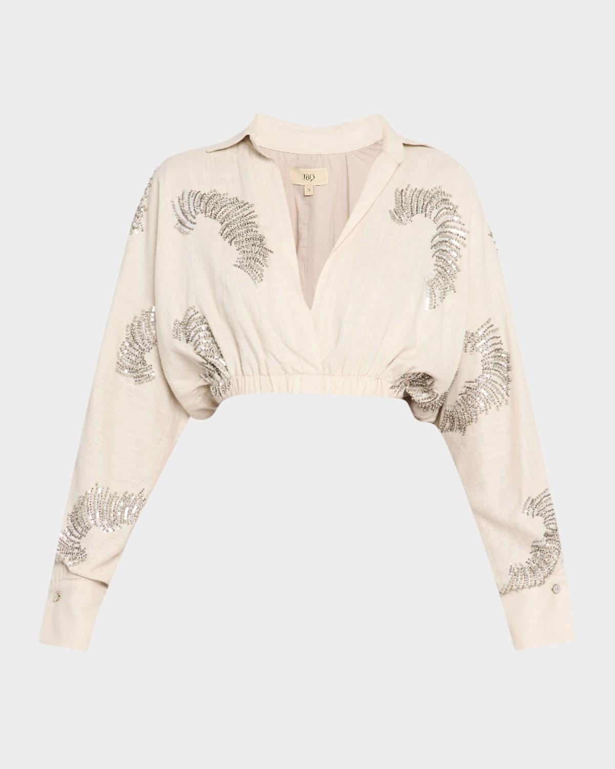 ophelia embellished linen-blend crop top