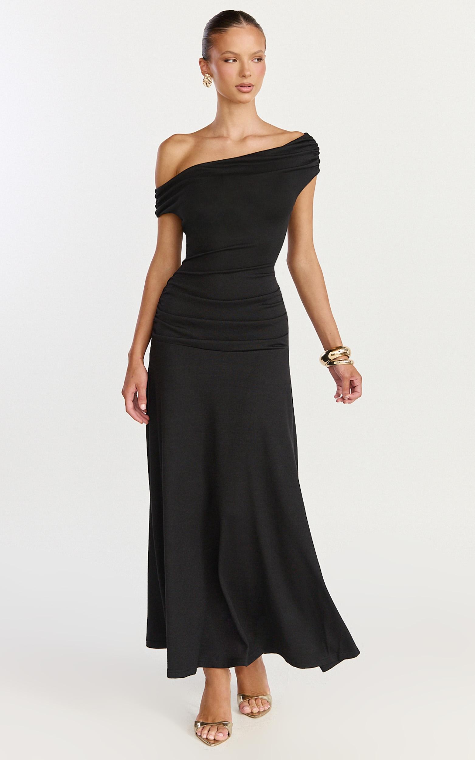 ophelia maxi dress - off shoulder ruched fit and flare dress in black