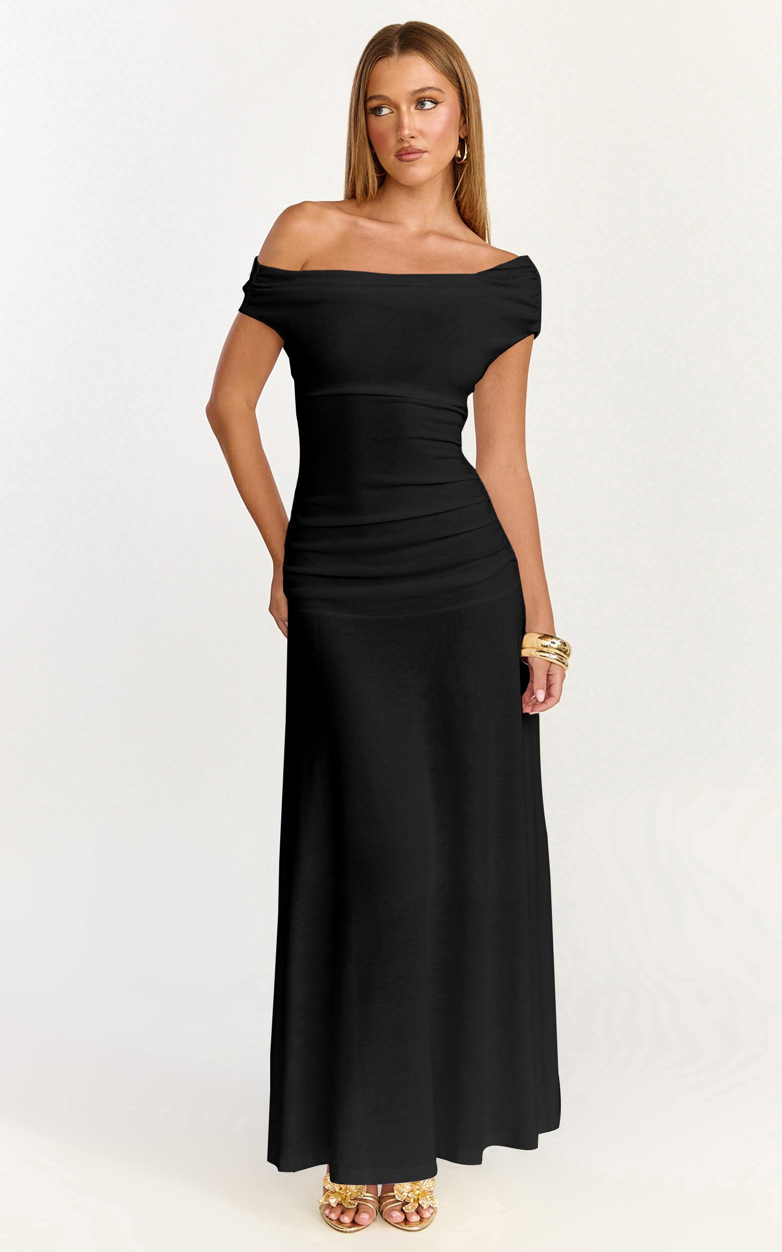 ophelia maxi dress - off shoulder ruched fit and flare dress in black