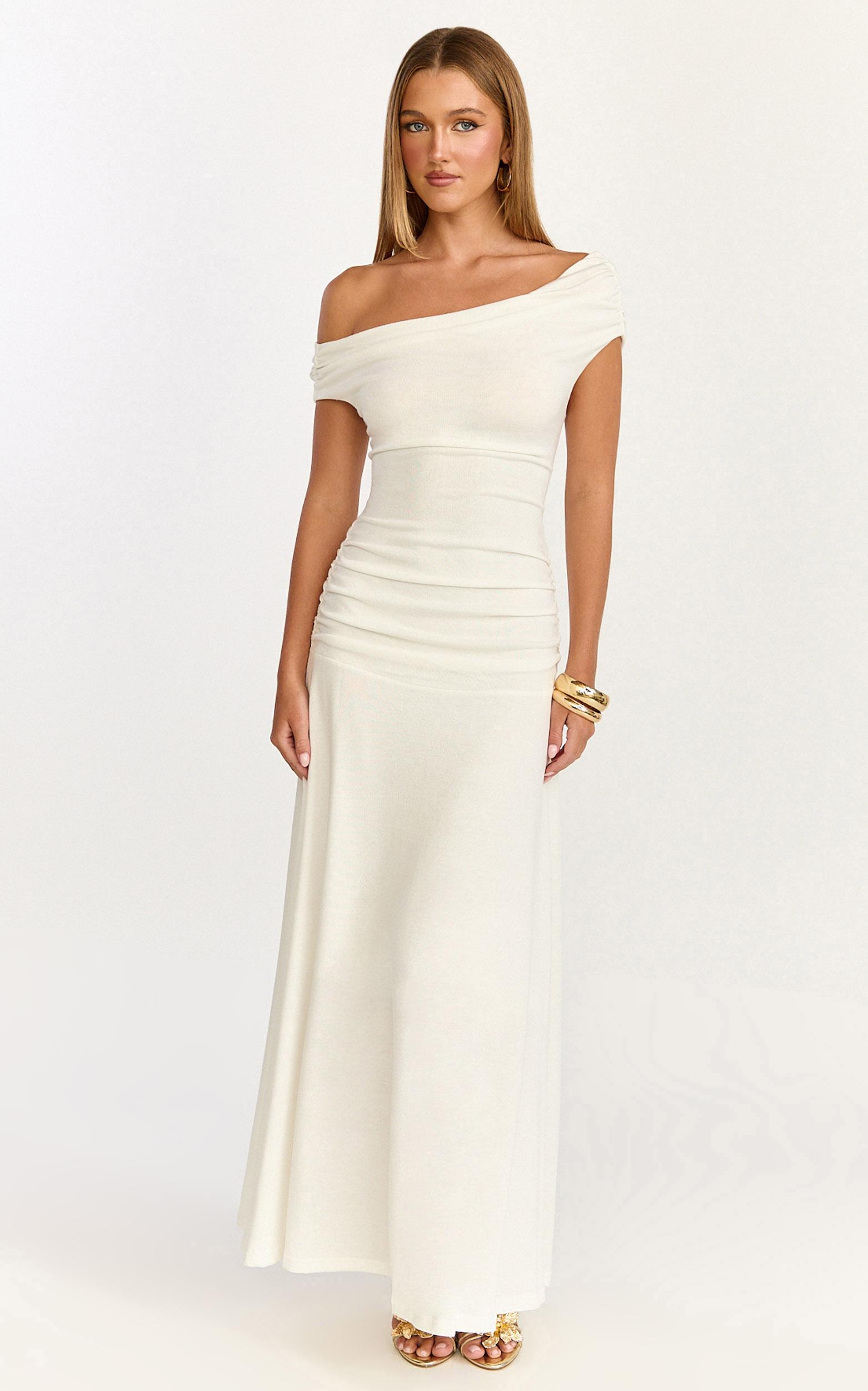 ophelia maxi dress - off shoulder ruched fit and flare dress in ivory