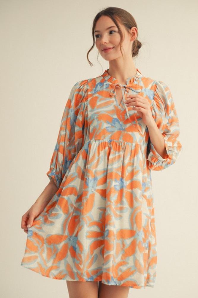 orange abstract floral front tie 3/4 sleeve dress