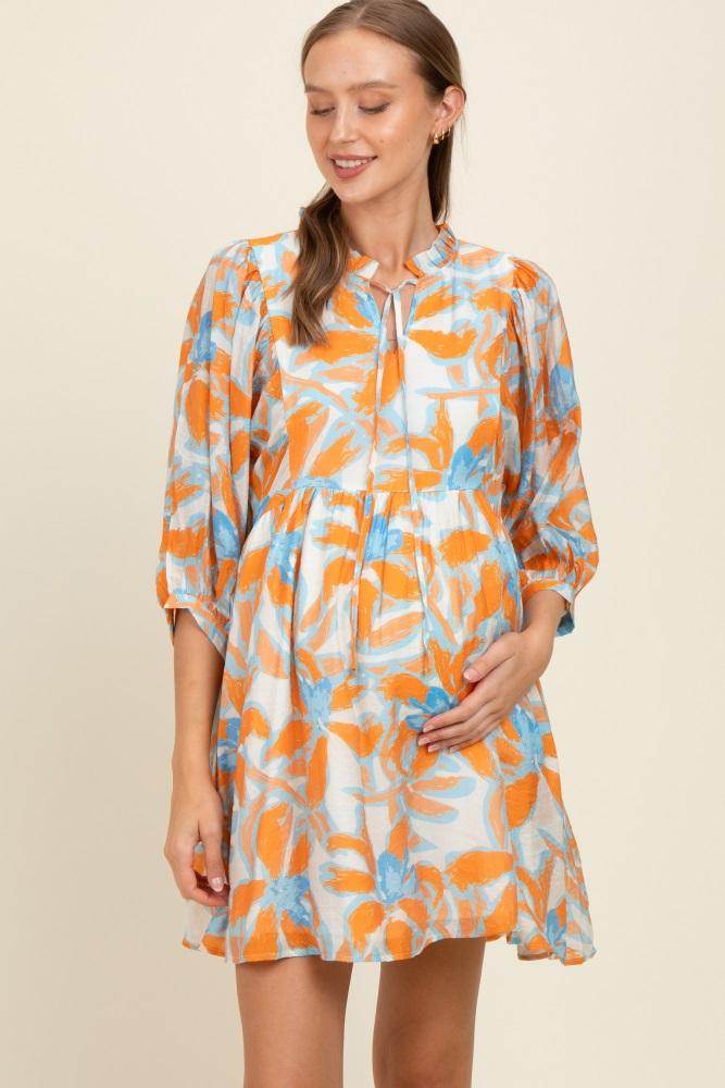 orange abstract floral front tie 3/4 sleeve maternity dress