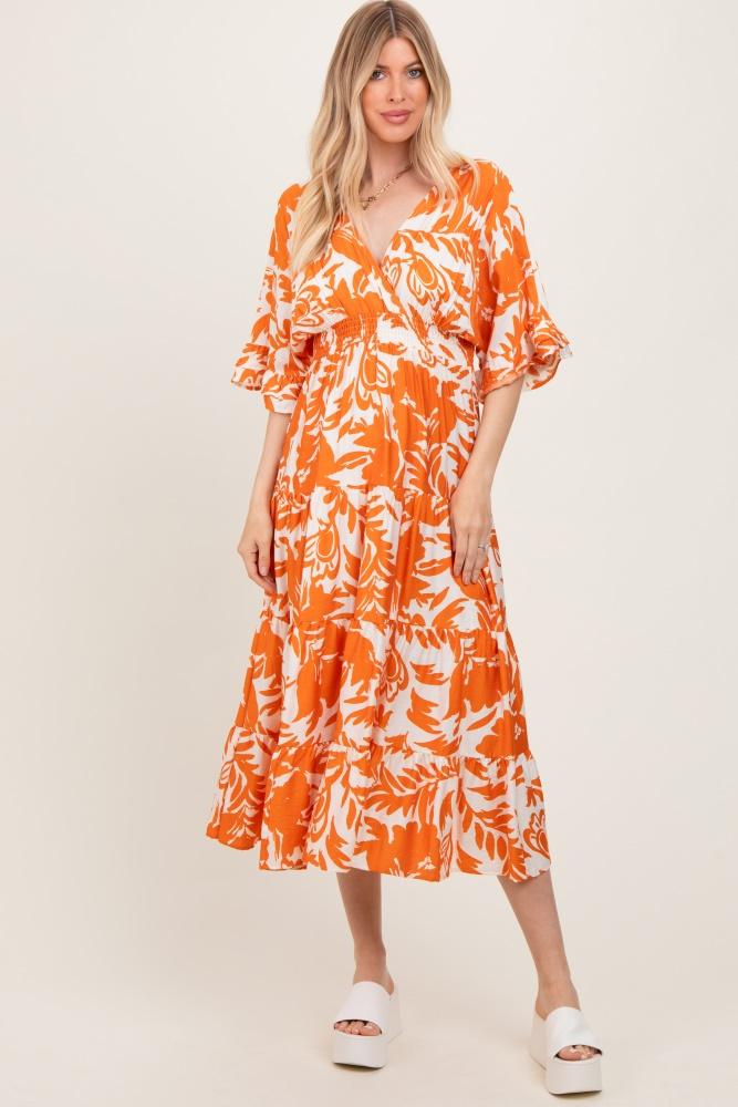 orange abstract floral v-neck tiered midi dress