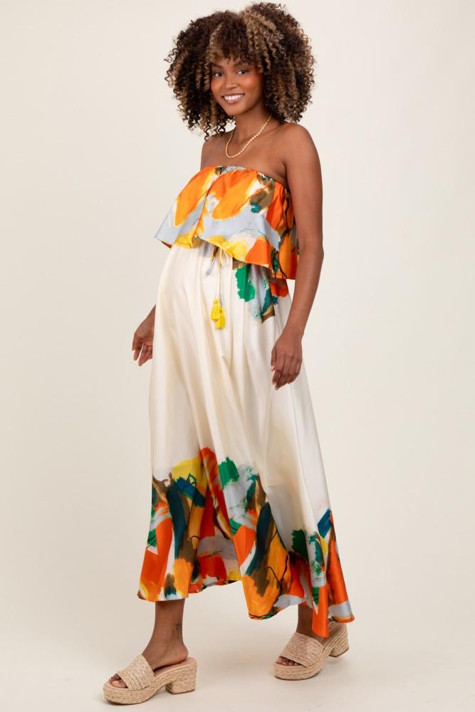 orange abstrast print strapless flounce maternity maxi dress
