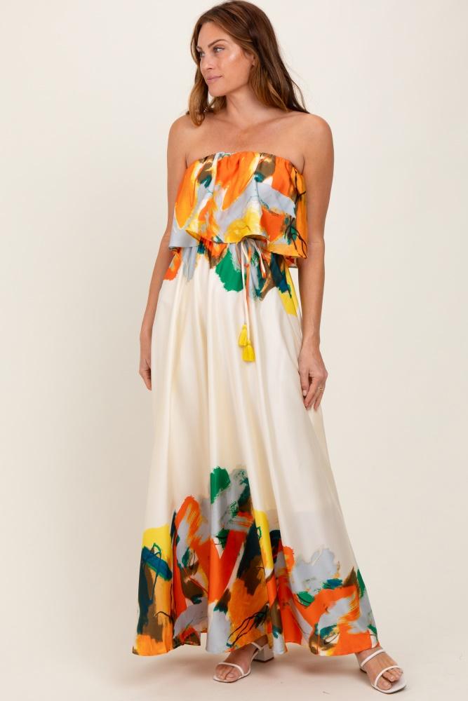 orange abstrast print strapless flounce maxi dress