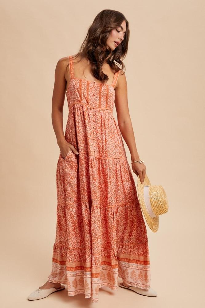 orange border print sleeveless maxi dress