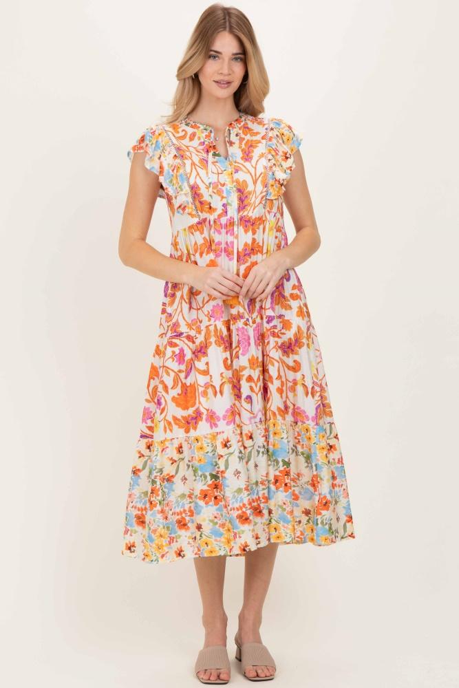 orange colorblock floral tassel front tie dress