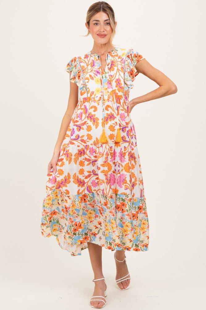 orange colorblock floral tassel front tie maternity dress