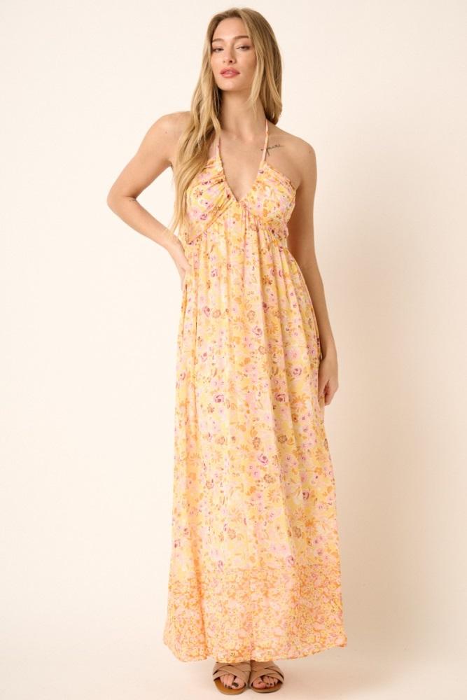 orange combo flower border print ruching detail maxi dress