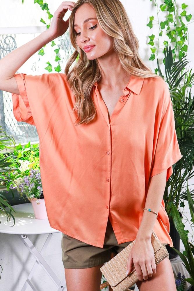 orange dolman sleeve button down blouse