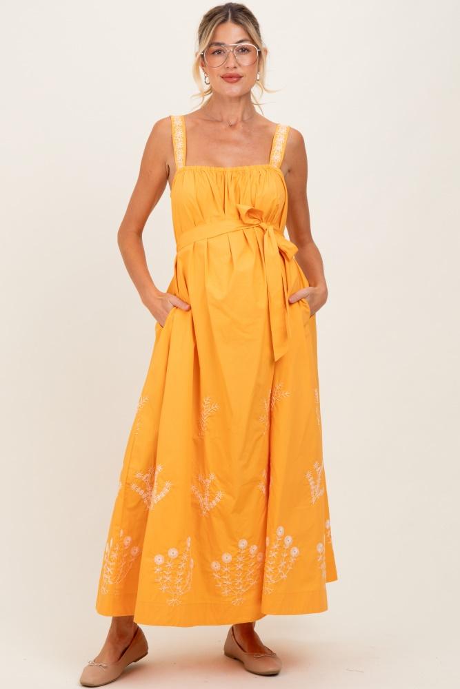orange embroidered sleeveless sash tie maternity maxi dress