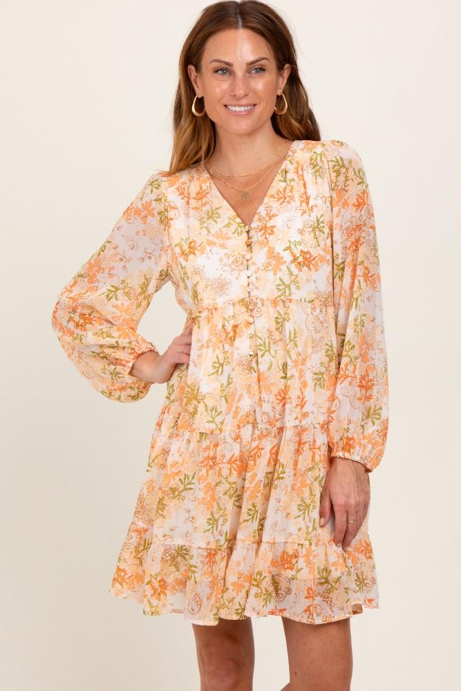 orange floral chiffon babydoll long sleeve dress