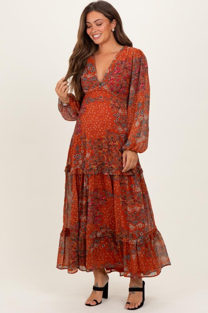 orange floral chiffon v-neck long sleeve maternity maxi dress