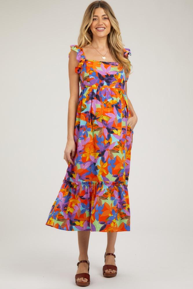 orange floral satin square neck ruffle strap maternity midi dress
