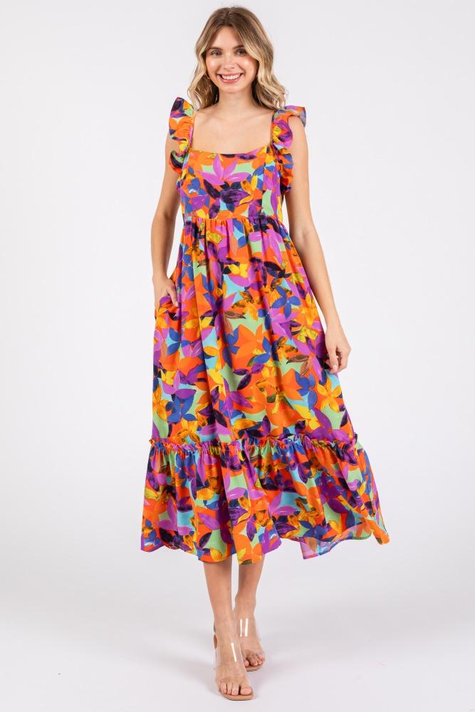 orange floral satin square neck ruffle strap midi dress