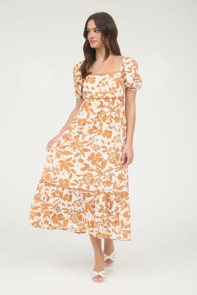 orange floral scallop trim puff sleeve midi dress
