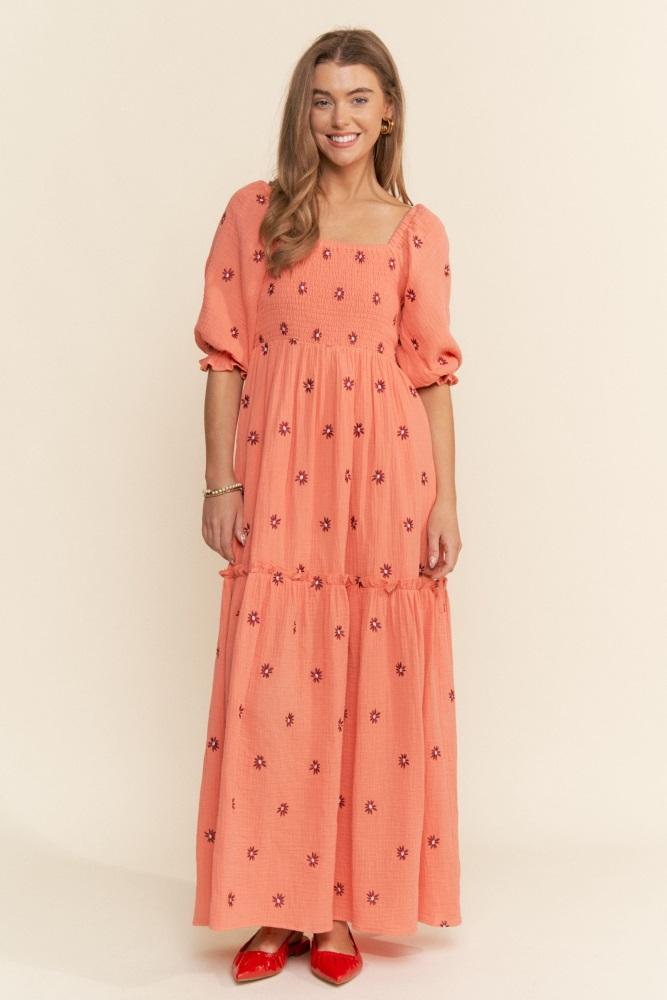 orange floral smocked puff sleeve maxi dress