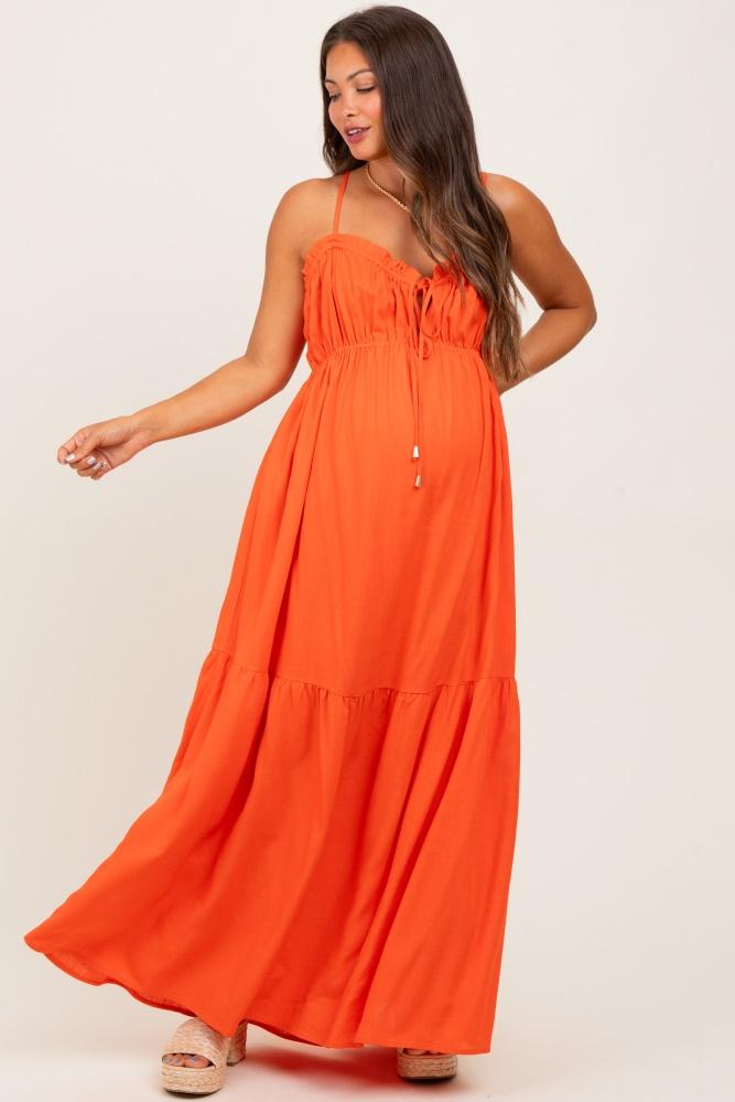 orange gathered front tie maternity maxi dress