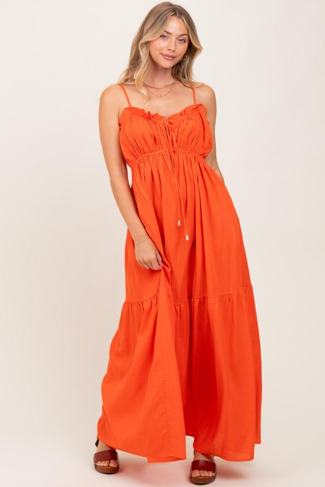 orange gathered front tie maxi dress