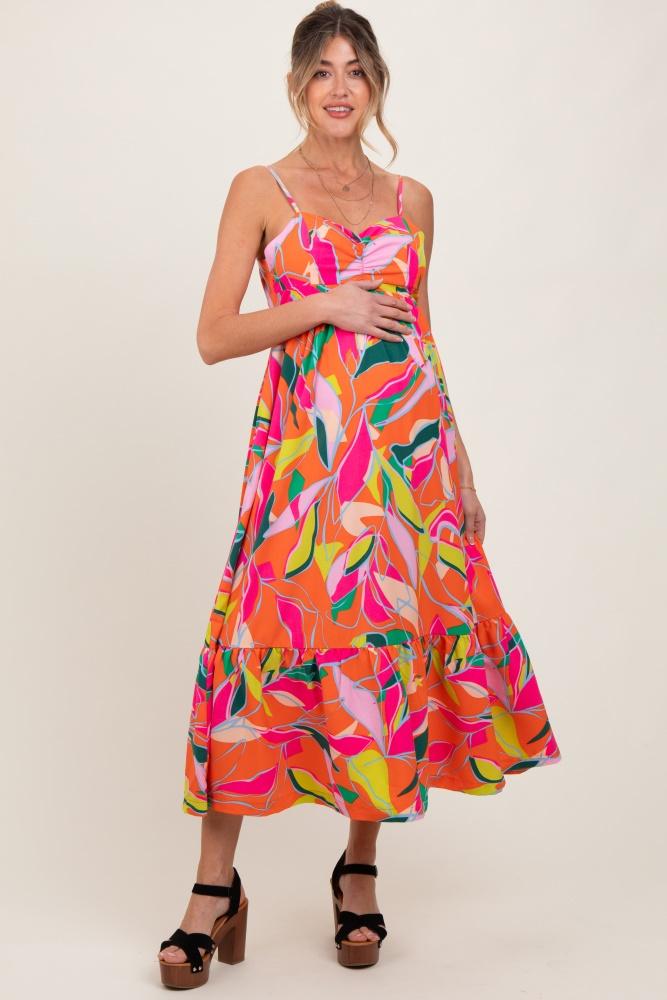 orange leaf print tie back maternity maxi dress
