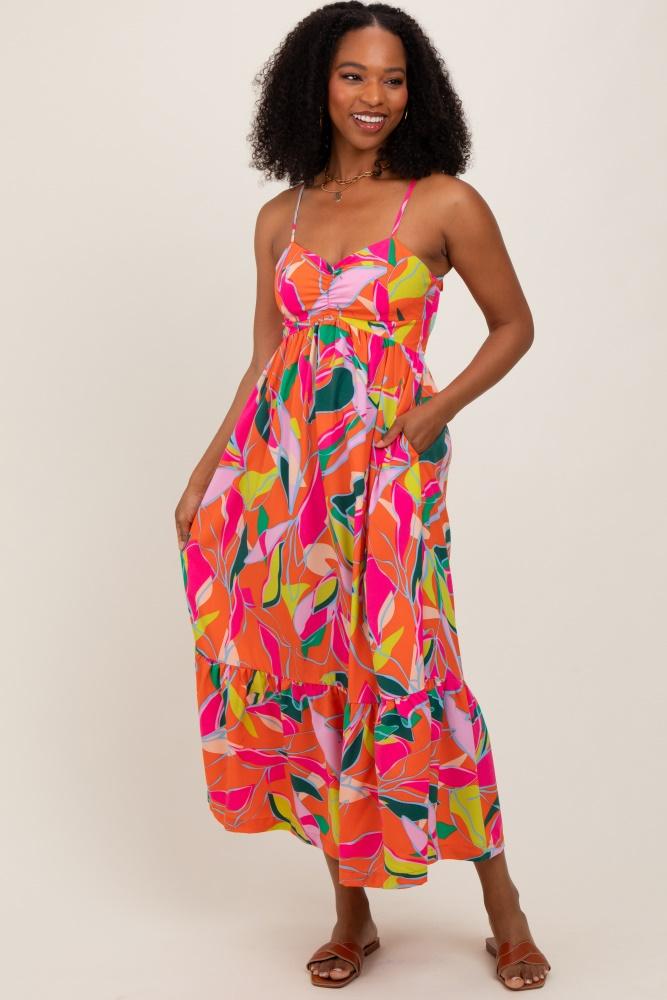 orange leaf print tie back maxi dress