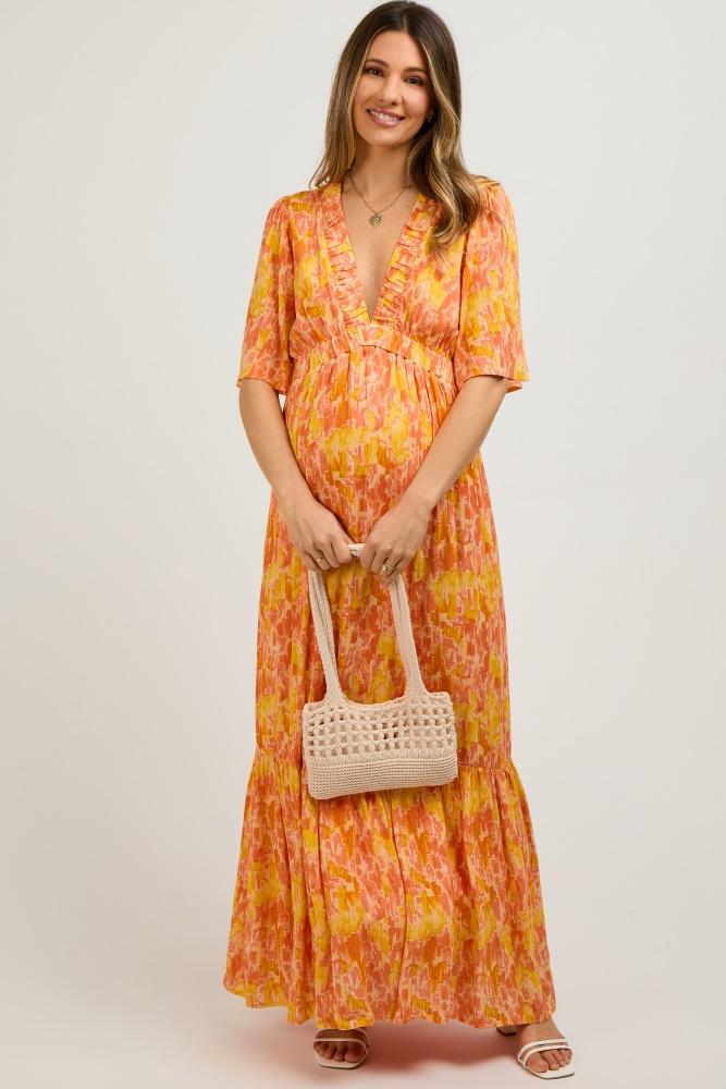 orange print back cutout maternity maxi dress
