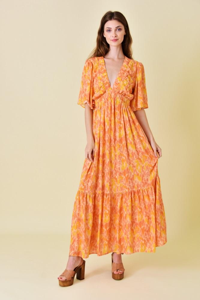orange print back cutout maxi dress