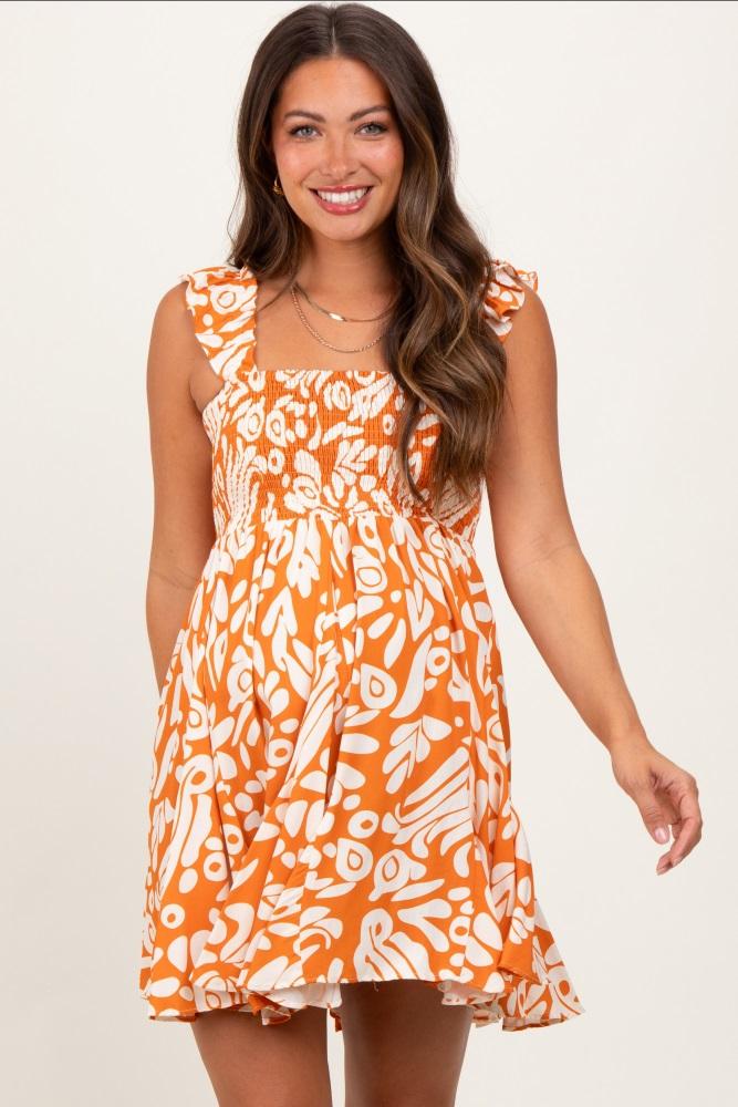 orange printed smocked ruffle strap maternity dress