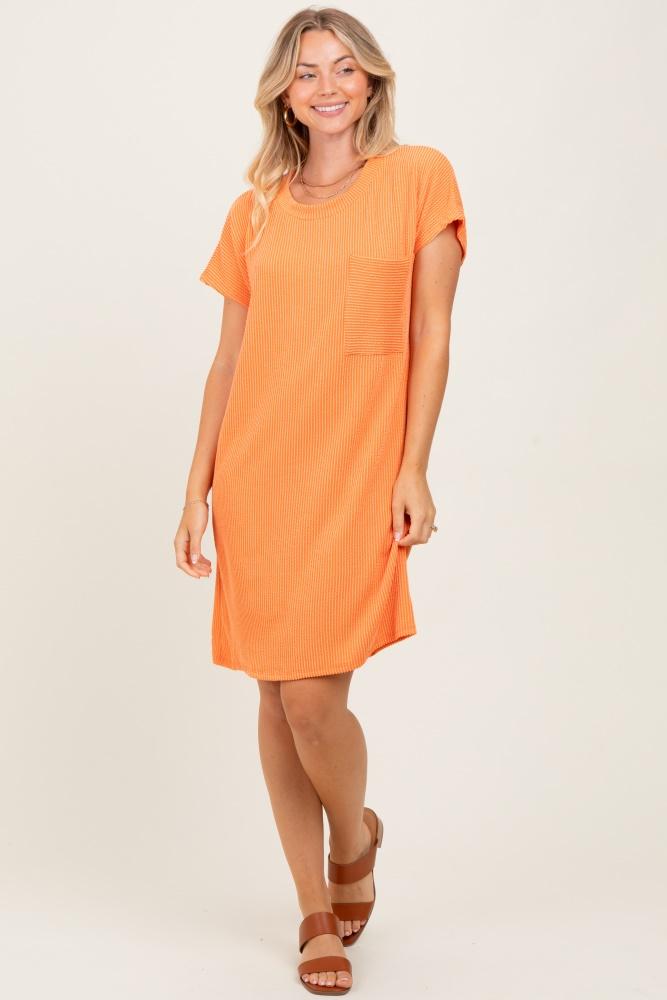 orange ribbed front pocket dolman short sleeve dress