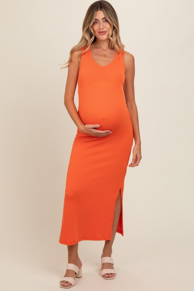 orange ribbed side slit maternity maxi dress