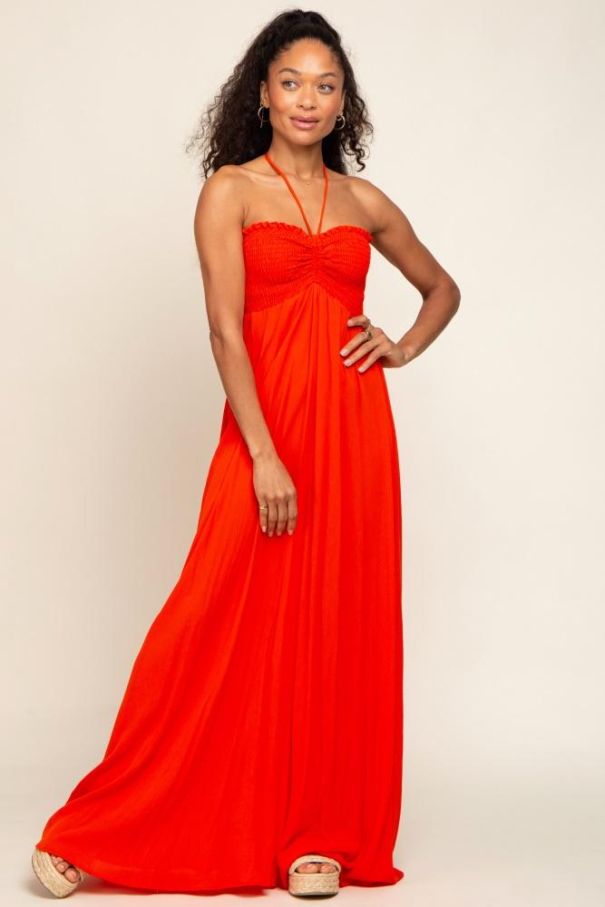 orange smocked halter maxi dress