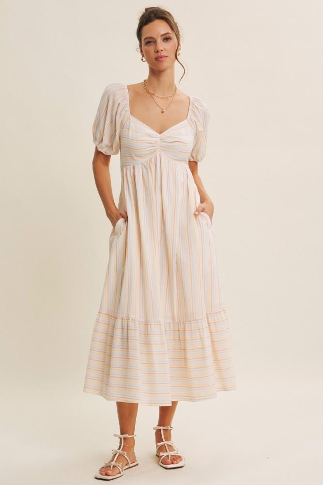 orange stripe sweetheart neckline midi dress