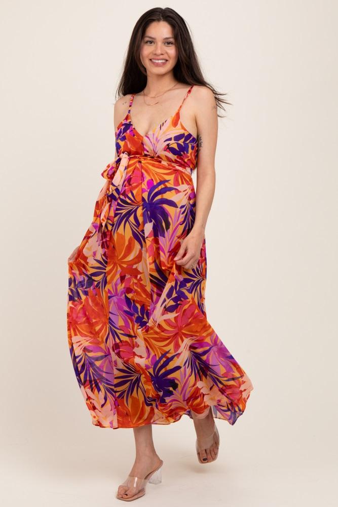 orange tropical sash tie maternity maxi dress