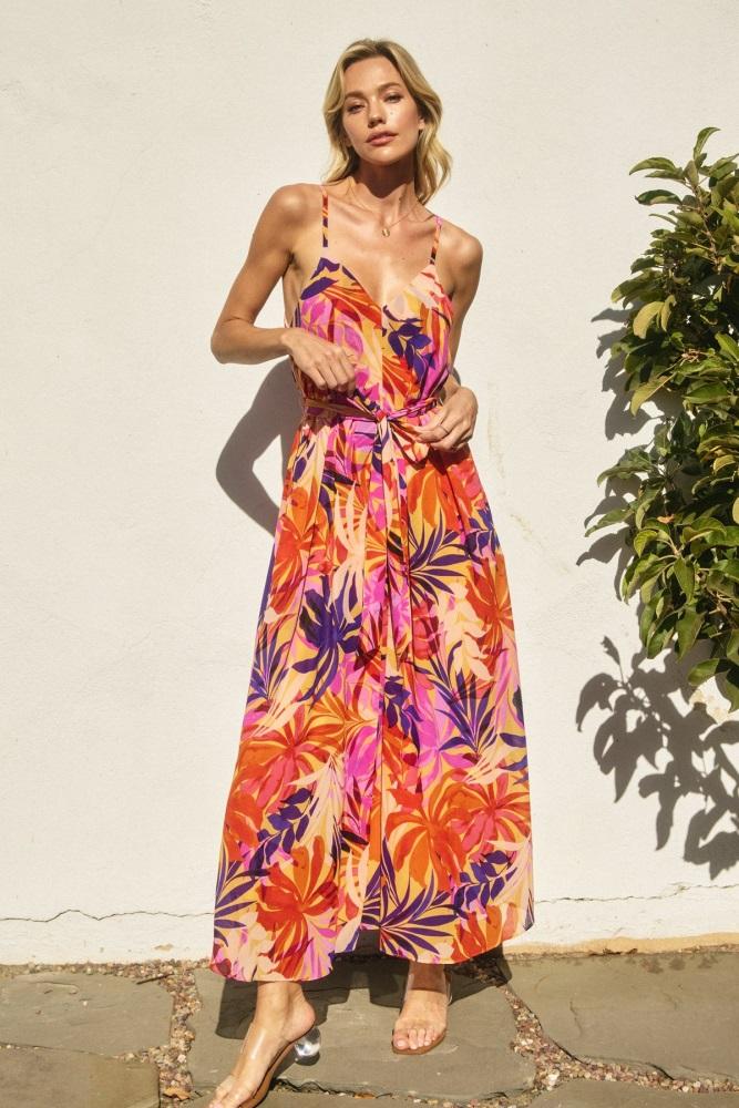 orange tropical sash tie maxi dress
