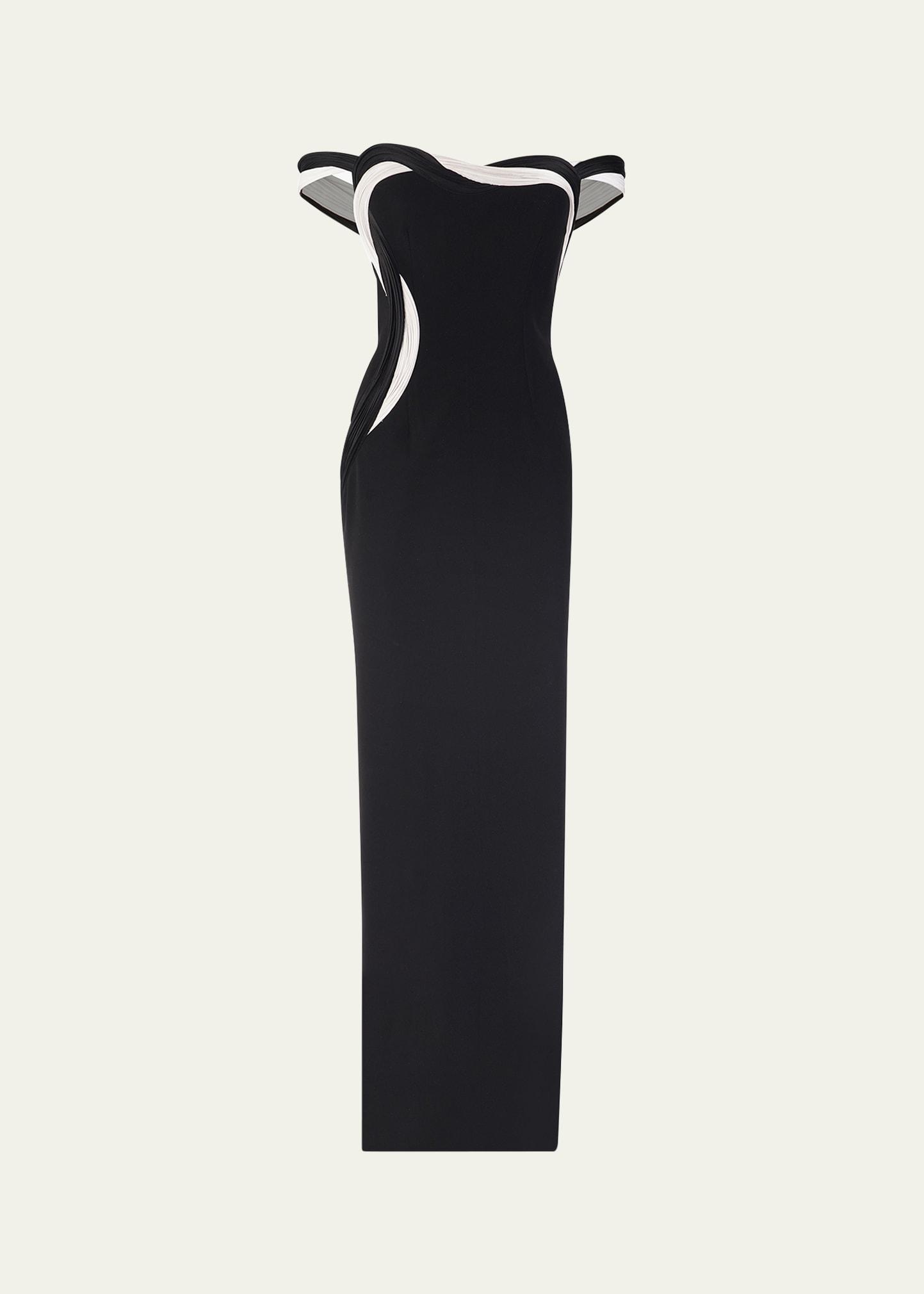 orbital interplay off-shoulder column gown