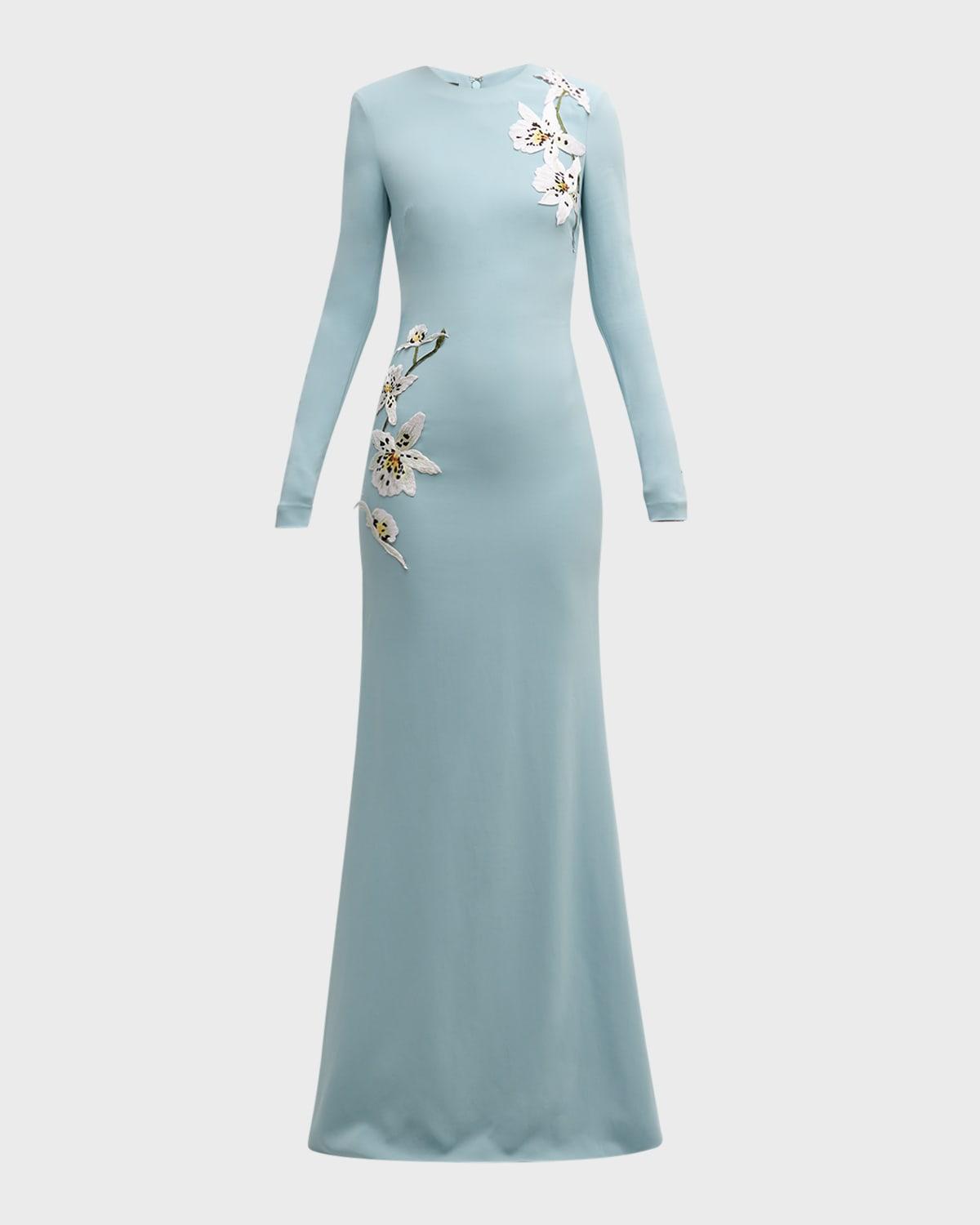 orchid embroidered long-sleeve cady gown