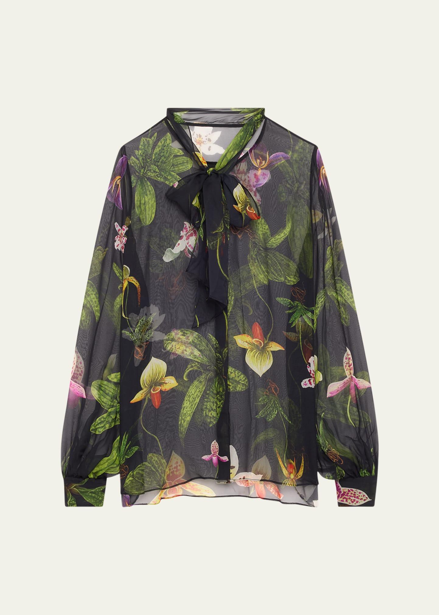 orchid print chiffon scarf-tie blouse