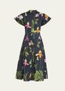 orchid print fit-flare midi poplin dress