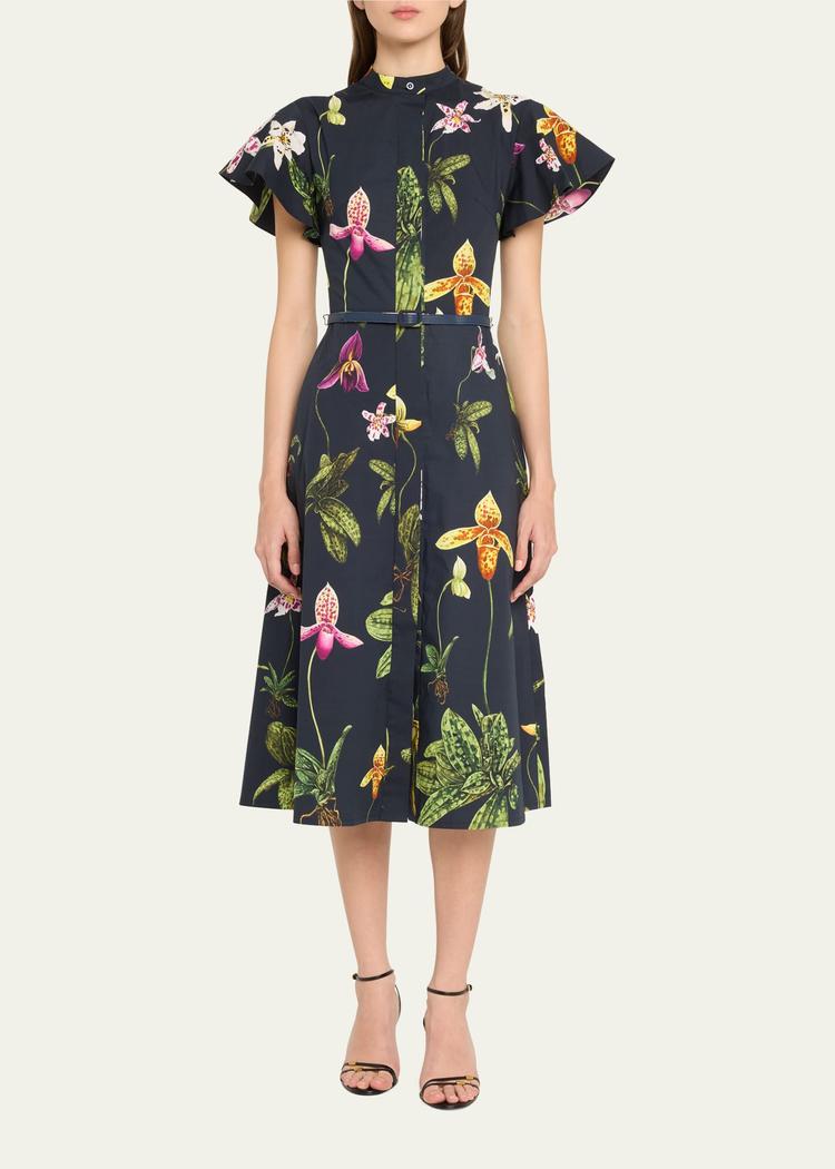 orchid print fit-flare midi poplin dress