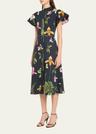 orchid print fit-flare midi poplin dress