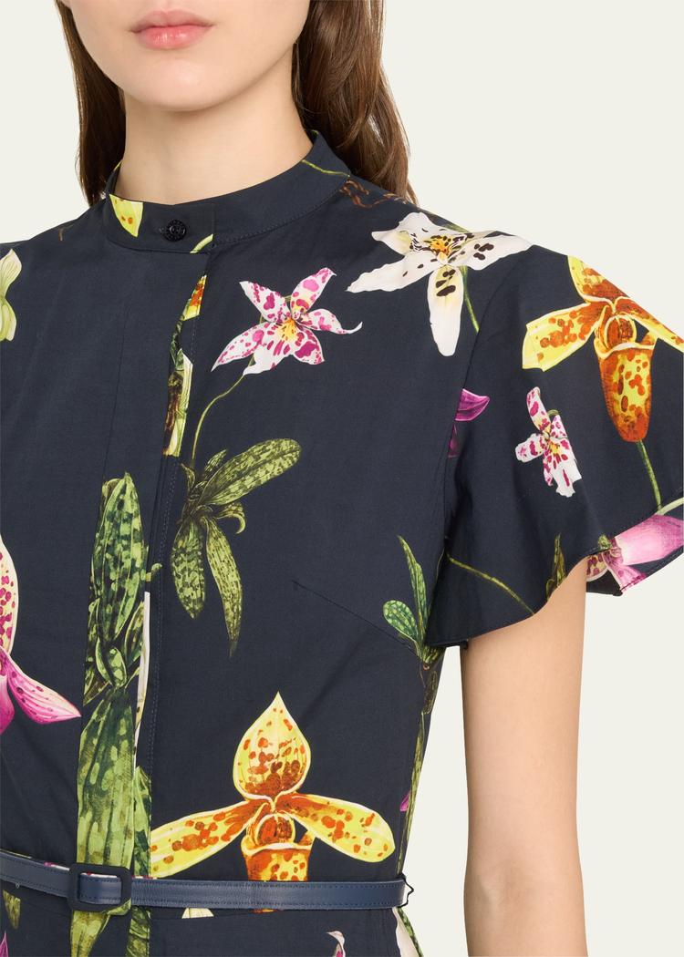 orchid print fit-flare midi poplin dress