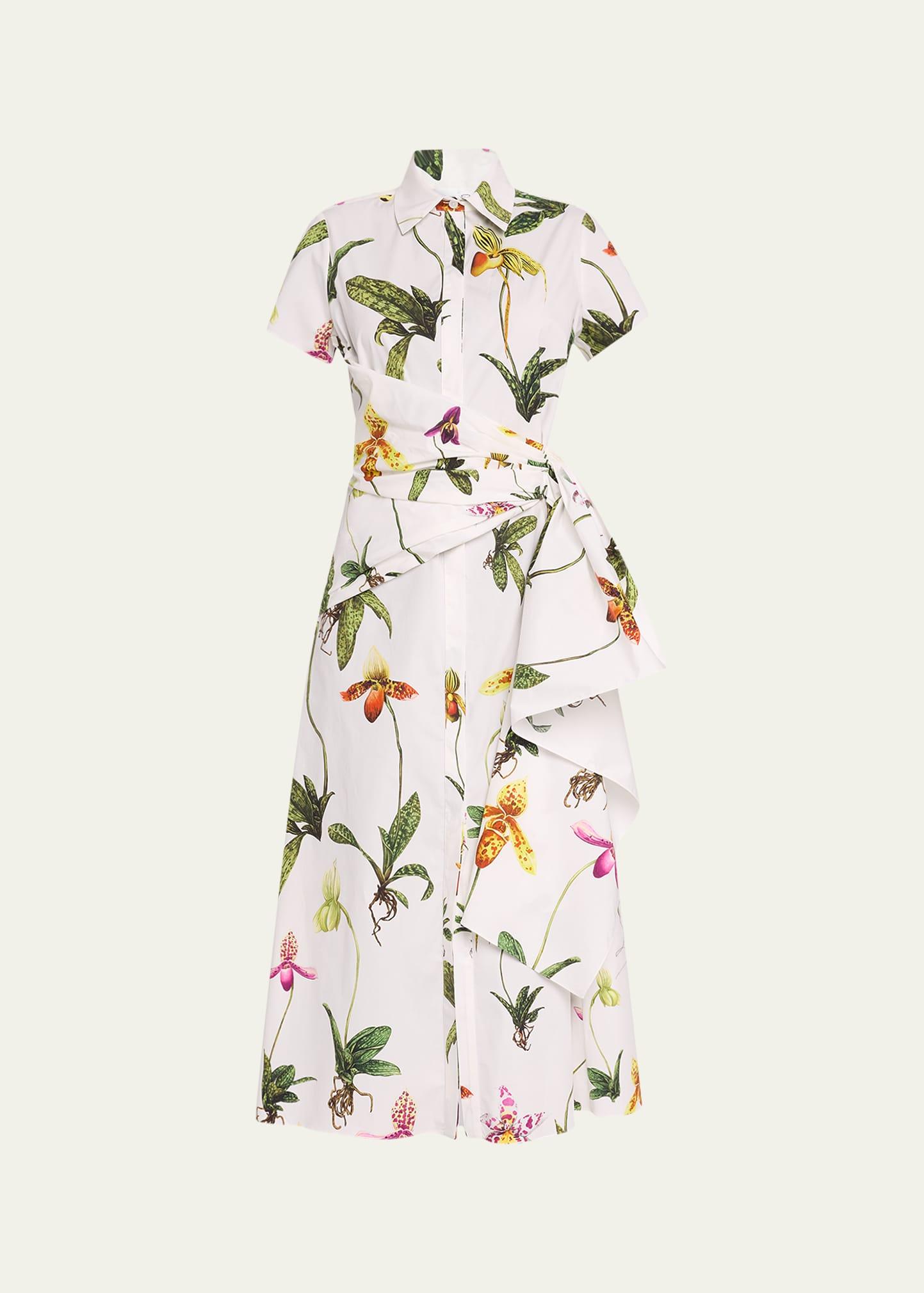 orchid print poplin midi dress with sash detail