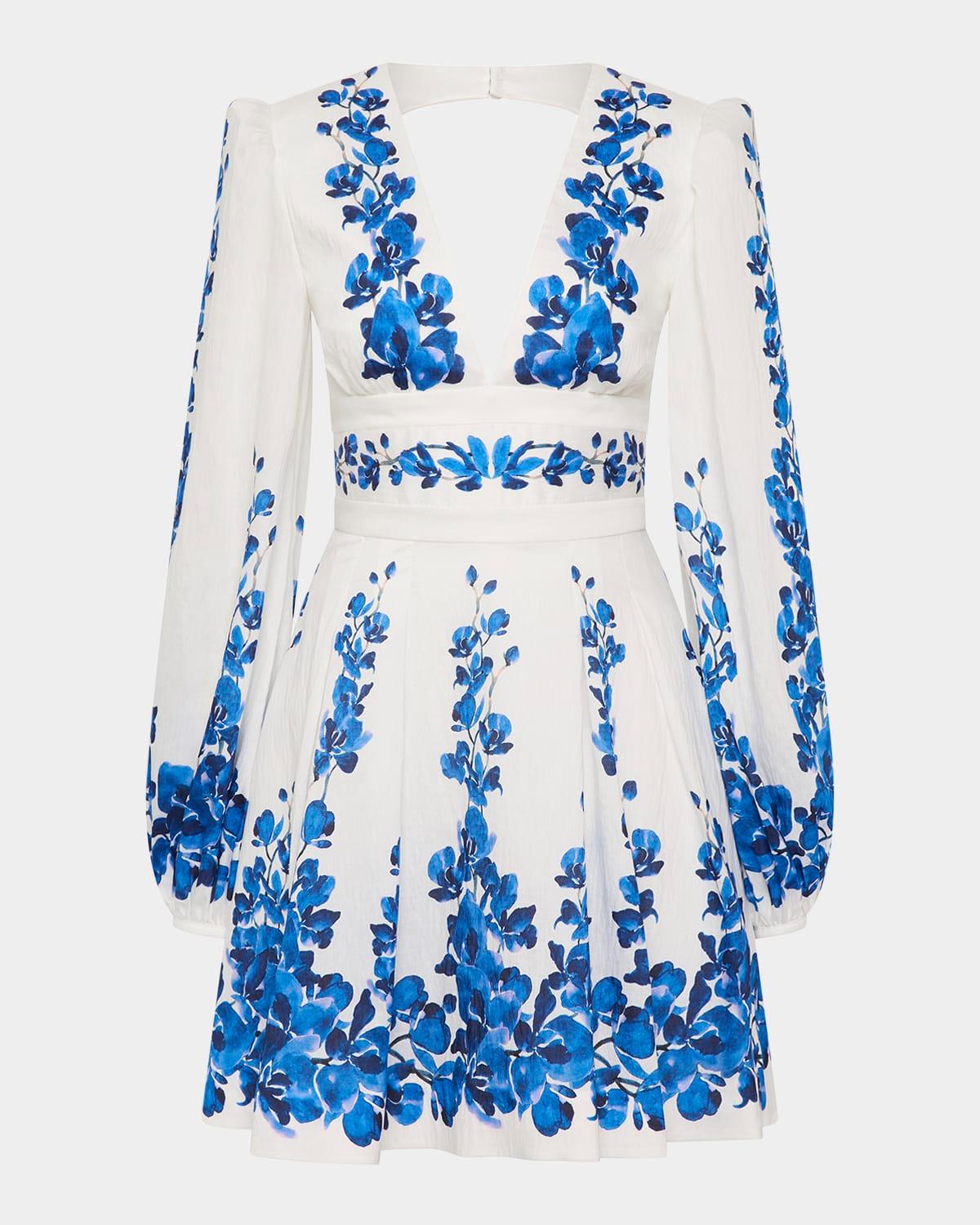 orchid printed mini v-neck fit-and-flare dress