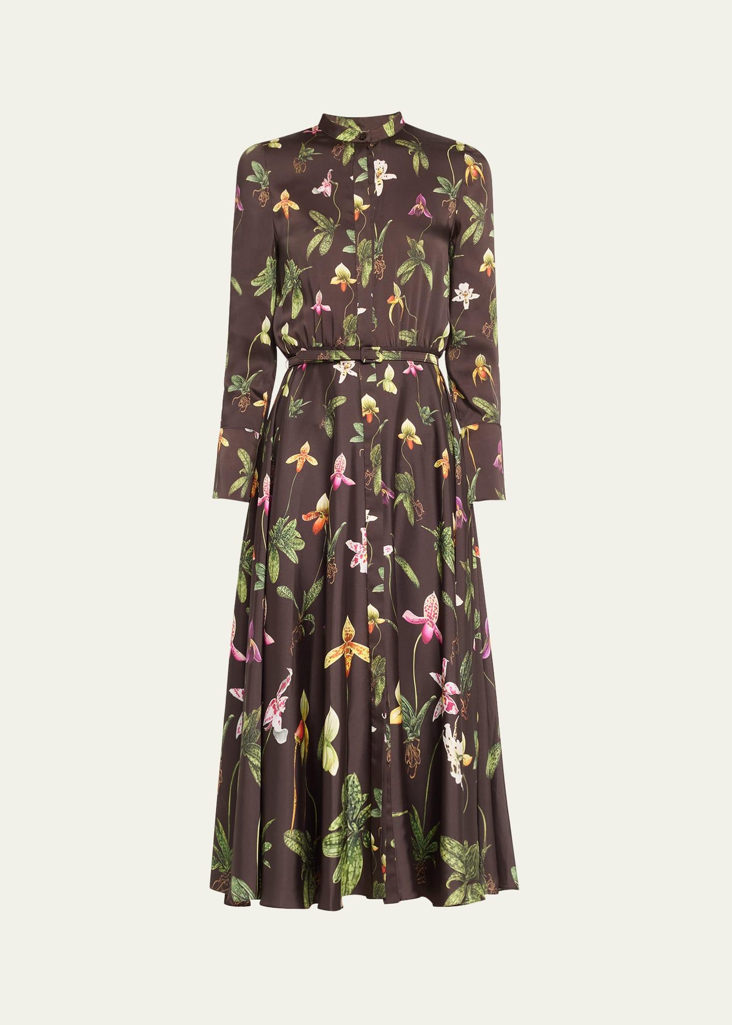 orchids silk twill belted dress