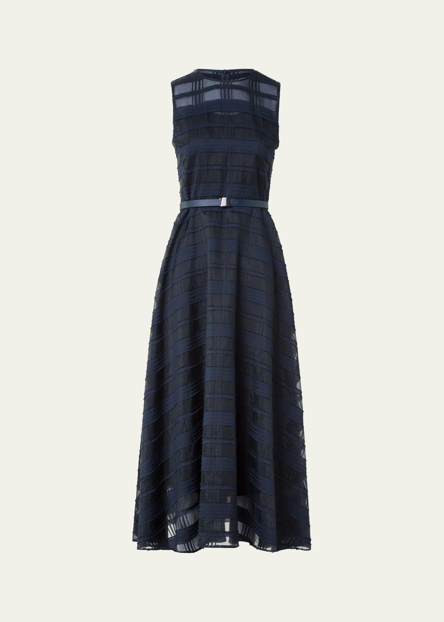 organdy plaid sleeveless a-line midi dress with belt