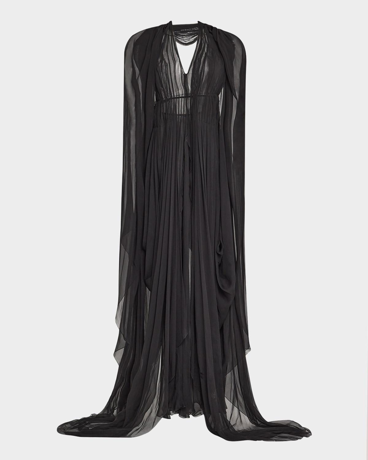 organic chiffon cape-sleeve backless gown